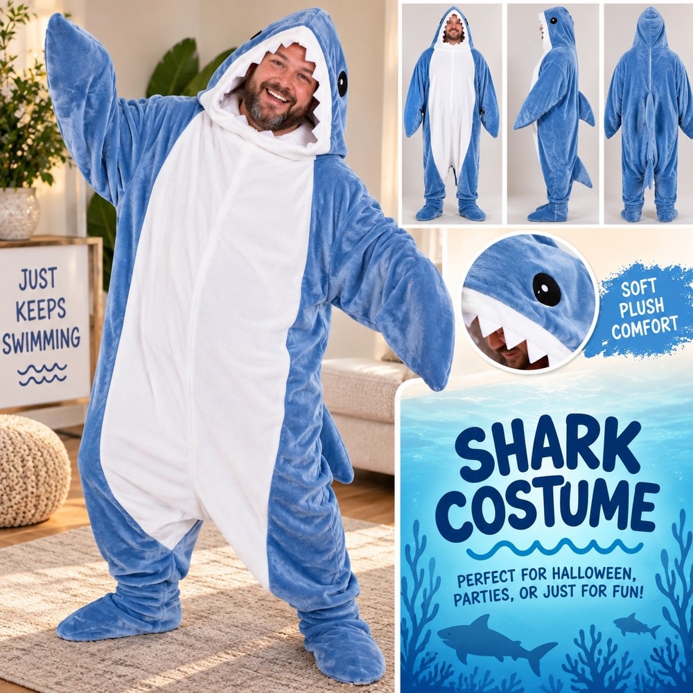 Adult Shark Costume Plus Size 2XL Blue Plush Halloween Jaws Animal Cosplay